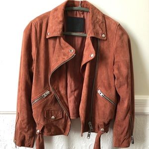 All Saints suede cole biker jacket rose pink